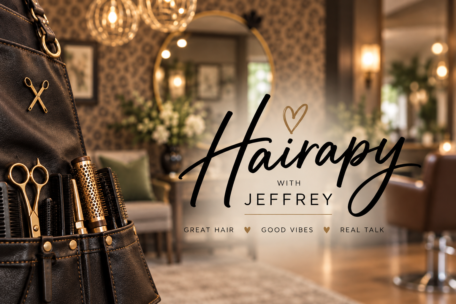 Hairapy brand artwork with gold tools, a leather belt, warm lighting, and French-country salon details