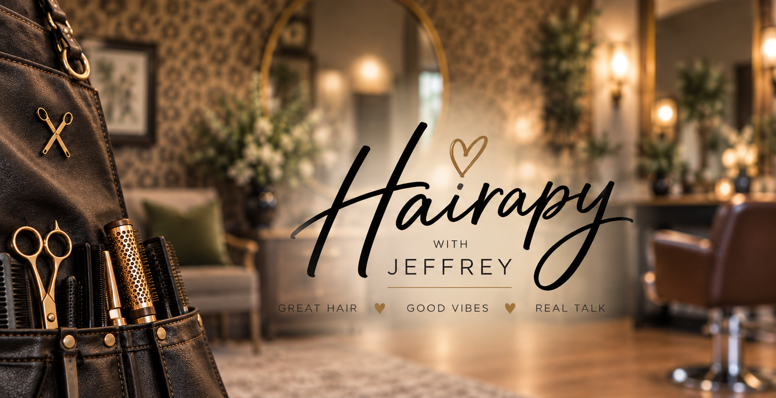Hairapy with Jeffrey branding in a warm French-country salon, with a leather tool belt and gold styling tools